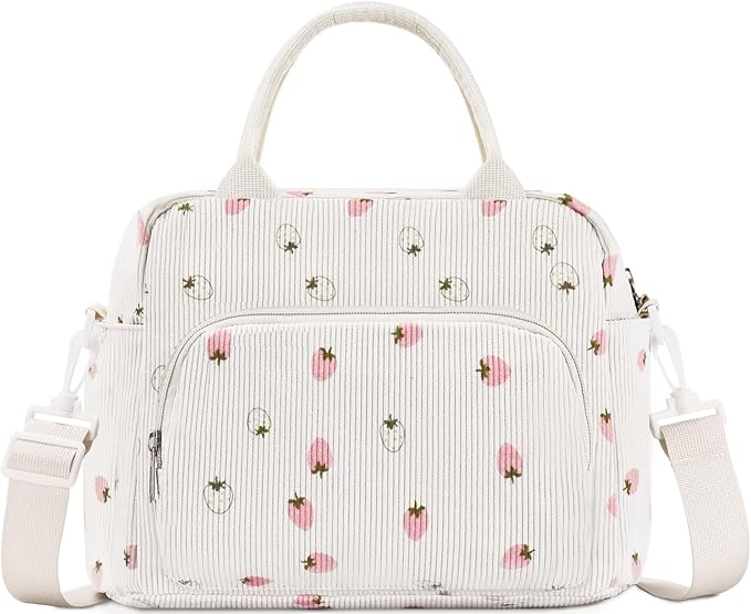 Lunch Box for Women Insulated Lunch Bag Women Adult Cute Lunch Bags Reusable Lunchbox Cooler Tote Bag for Work Picnic (Beige-Light Strawberry)