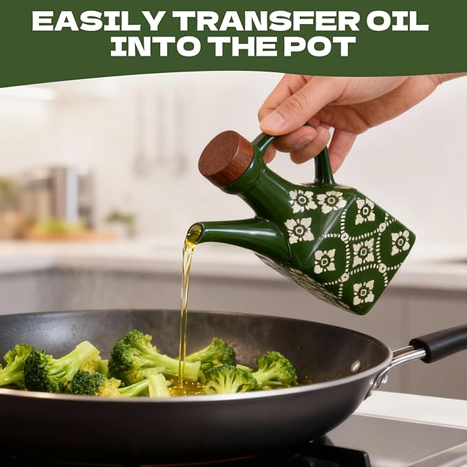 8.5 oz Green Ceramic Olive Oil Dispenser Bottle Decorative Olive Oil Dispenser Bottle with Handle & Wooden Stopper Relief Opaque Ceramic Oil Cruet for Kitchen Cooking Oil Vinegar