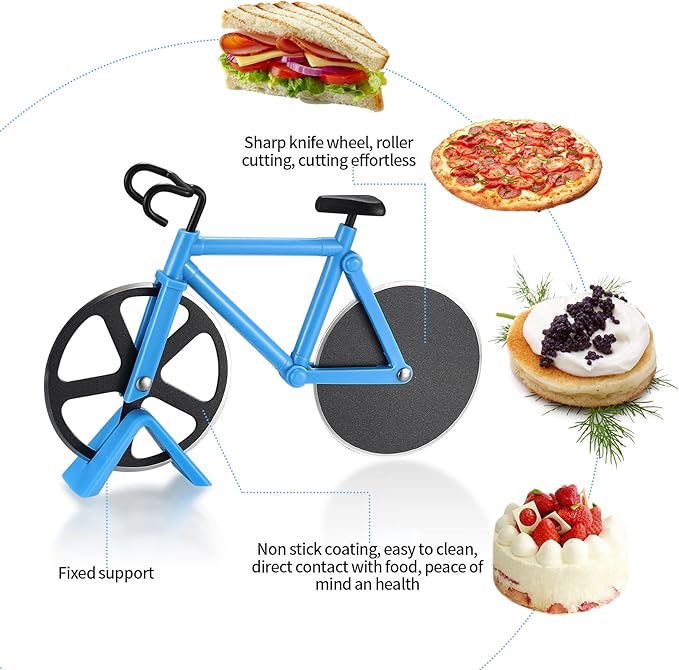 Motorcycle pizza cutter, stainless steel pizza cutter two wheels, novelty motorcycle-shaped pizza wheel cutting slicer with non-stick coating, suitable for kitchen gadgets accessories (bicycle)