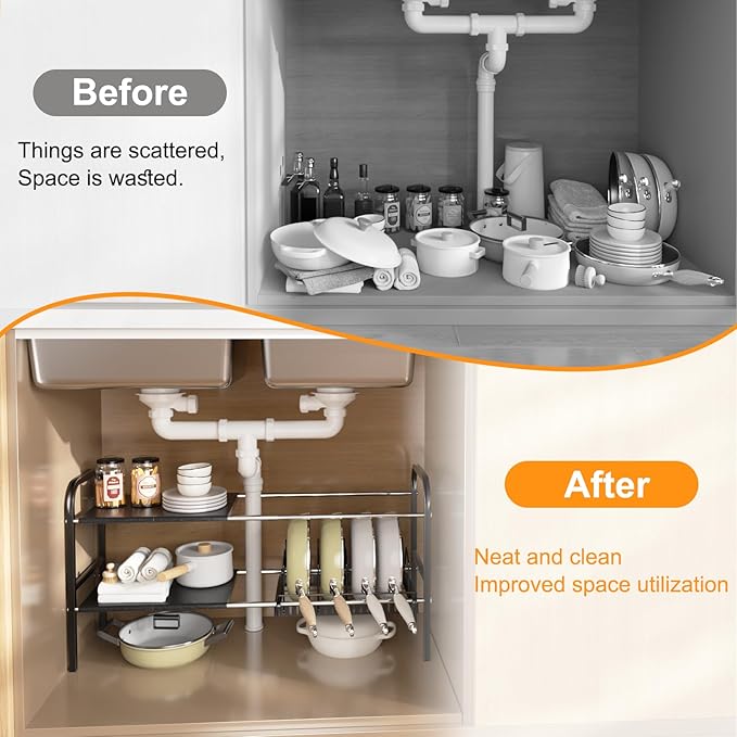 Under Sink Organizer 2 Tier Kitchen Storage Rack, Expandable Pot and Pan Organizer with Adjustable Height & 4 Dividers, Removable Kitchen Shelf for Cabinet, Countertop(4panels,1 Pot rack, Black)
