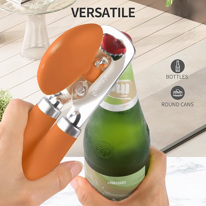 Can Opener Manual, Heavy Duty Stainless Steel Smooth Edge Can Opener With Soft Touch Handle, Oversized Handheld Easy Turn Knob, Multi-Function Bottle Opener, Orange