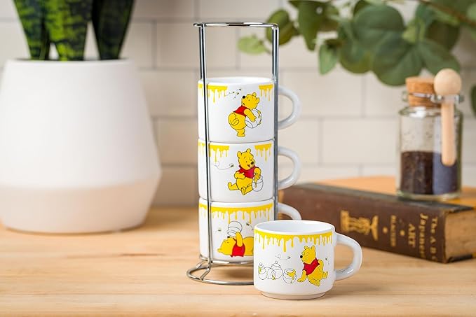 Silver Buffalo Disney Winnie the Pooh Honey "Hunny" Drips 4pc Stackable Ceramic Espresso Small Cup Set, 3 Ounces