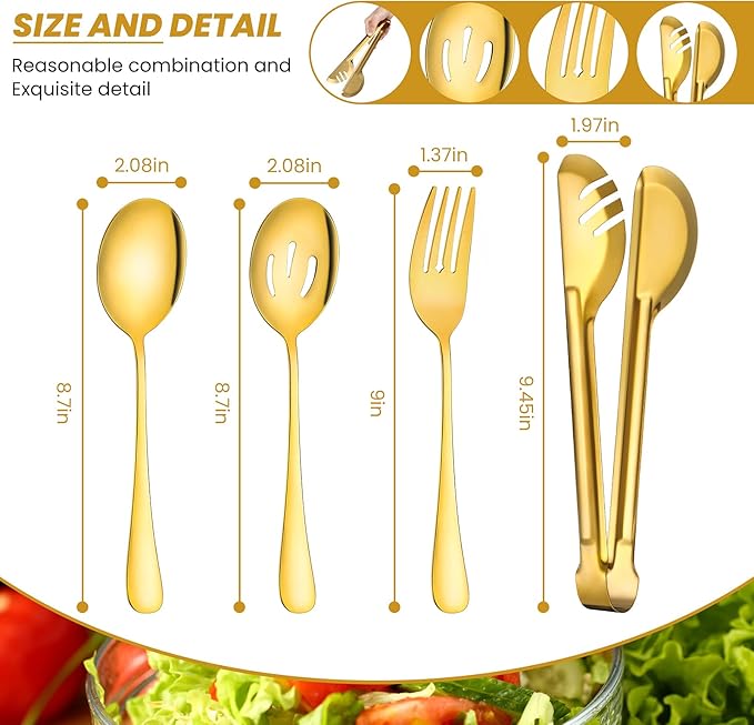 Patelai 8 Pcs Gold Stainless Steel Serving Utensils Set 8.7" Large Spoons and Slotted Spoon 9.45" Tong 9" Forks Flatware Wedding Valentine's Day Holiday Party Buffet Banquet Cooking Kitchen Catering
