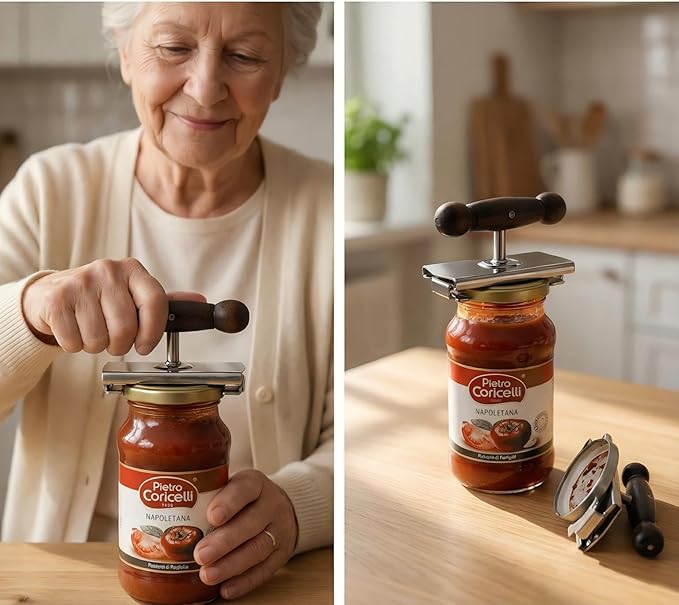 Aesthetic Oak Handle Effortless Jar Opener - Heavy-Duty 304 Stainless Steel Adjustable Cap Crack, Strong Grip for Senior & Weak Hand - Physical Leverage Manual Lid Remover Kitchen Aid Tool