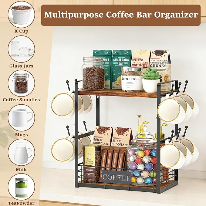 Coffee Mug Rack with 12 Hooks, 2-Tier Coffee Cup Holder with Shelf and Storage Basket, Kitchen Mug Organizer for Bar Kitchen Déco