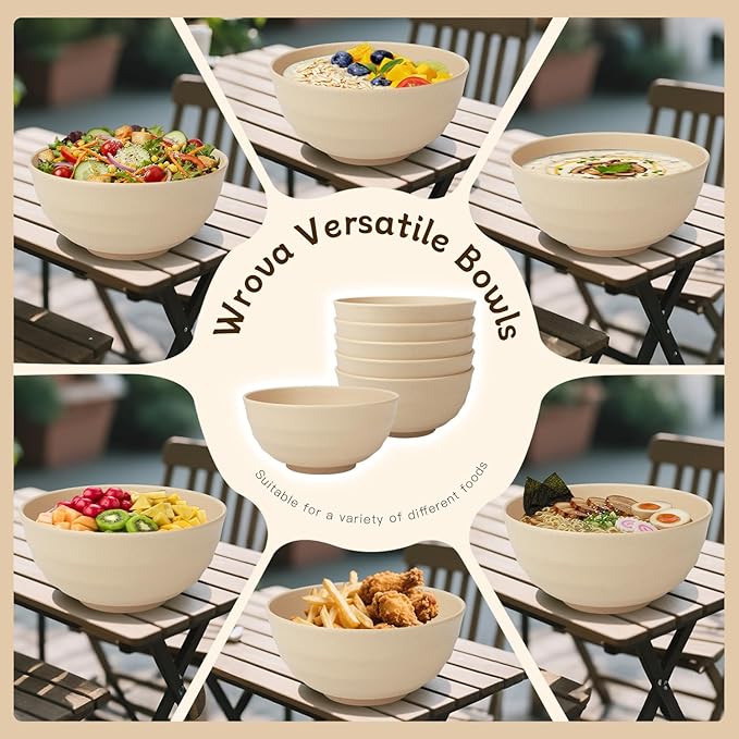 Wrova 6-piece Unbreakable Cereal Bowls Set, 60oz Wheat Straw Bowls Alternative Plastic Bowls Reusable, Microwave & Dishwasher Safe Salad Bowls for Kitchen, Large Bowl for Soup,Pho,Prep- Beige