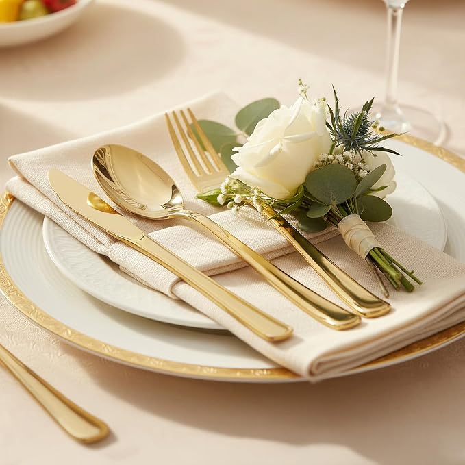153 Pack Gold Plastic Silverware - Heavy Duty Gold Silverware Set - 51 Forks, 51 Knives, 51 Spoons Plastic Cutlery Disposable Utensils Set for Holiday, Party, Dinner, Wedding Gathering
