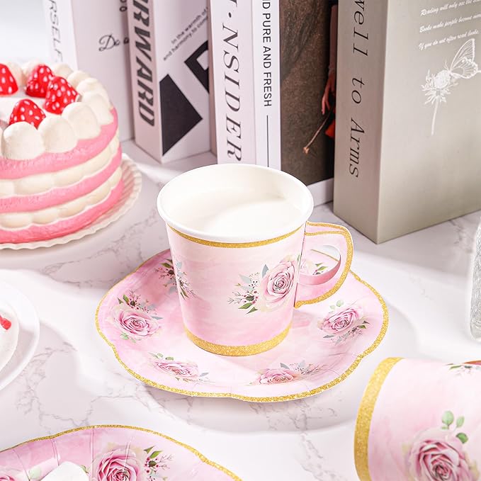 100 Pcs Paper Tea Cups and Plates Pink Floral Disposable Paper Teacups and Saucer Sets with Gold Rim Decorations for Hot Cold Drinks for Wedding Birthday Baby Shower Tea Party, Serve 50