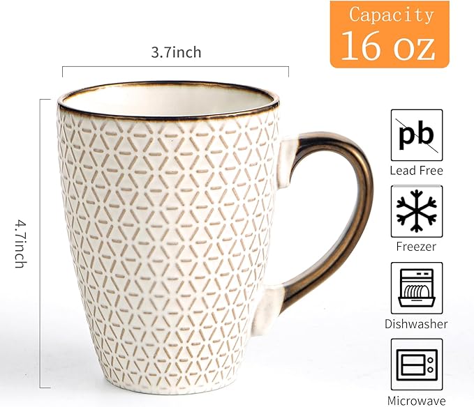 Ceramic Coffee Mug Set - 16 Oz Large Coffee Mugs - Embossed Stoneware Cups with Handle for Latte Tea Cappuccino Cocoa - Microwave Dishwasher Safe - Set of 4 - flower Pattern