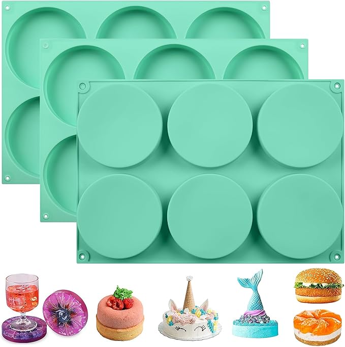 4Inch Round Silicone Mold for Baking, 3Pcs Large Silicone Muffin Top Pan Non-Stick, 6-Cavity Baking Mold for Breakfast Sandwiches Hamburger Egg Whoopie Pie