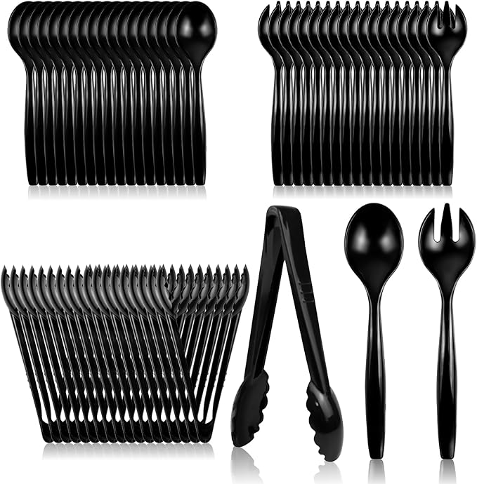 CXPSINC Disposable Plastic Serving Utensils Set 18-Piece, Including 6 Black Plastic Serving Spoons, 6 Tongs & 6 Forks, Disposable Serving Utensils For Catering Buffets Events (Black, 18pcs Utensils)