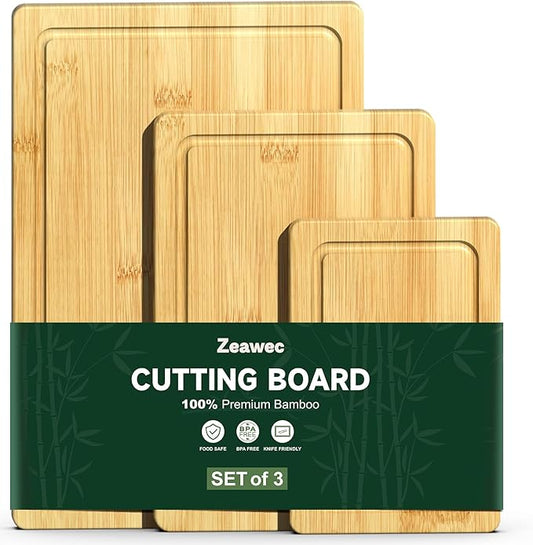3-Piece Set Bamboo Cutting Board for Kitchen - Crack-Resistant Wood Chopping Boards with Deep Juice Grooves, Pre-Oiled Butcher Block for Meat, Vegetables & Cheese, Natural