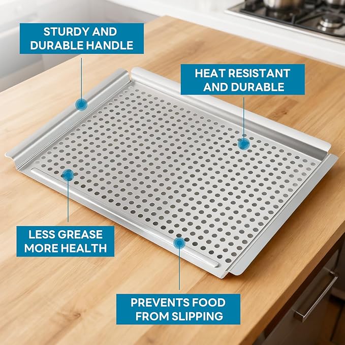 Grill pan, Grill topper for outdoor grill with hole, 17.7 * 12.6 Cooking Surface, Stainless steel grill pan for Gas Grill,camping or party (larger)