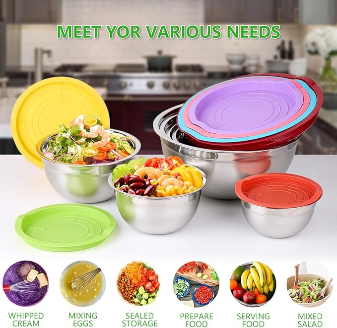 Mixing Bowls with Lids for Kitchen - 25 PCS Stainless Steel Nesting Colorful Mixing Bowls Set for Baking,Mixing,Serving & Prepping,Size 5, 3.7, 2.8, 2.3, 1.7, 1.1, 0.7QT,11 Cooking Utensils