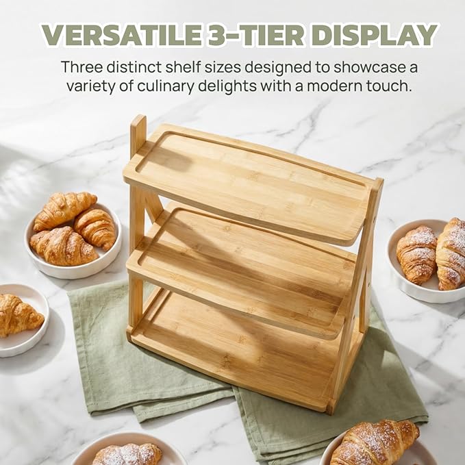 3 Tier Bamboo Serving Tray, Rectangle Serving Platters Tiered Tray Stand, Fruit Cupcake Display Stand Farmhouse Decorative Trays for Appetizers, Snacks, Dessert, Party, Birthday, Wedding
