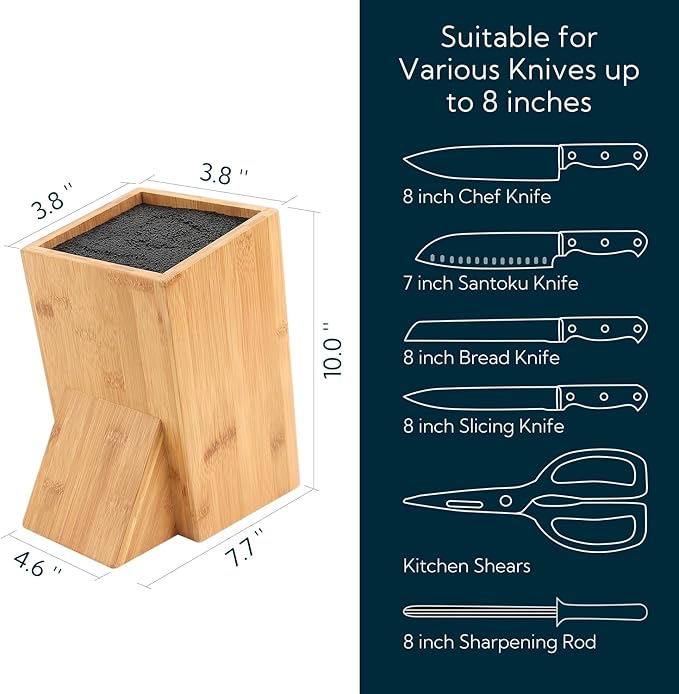 Bamboo Universal Knife Block with Bristles Bamboo Knife Stand Organizer Holder, Convenient Safe Storage for Knives & Utensils, Detachable Bristles for Easy Cleaning -by KITCHENDAO