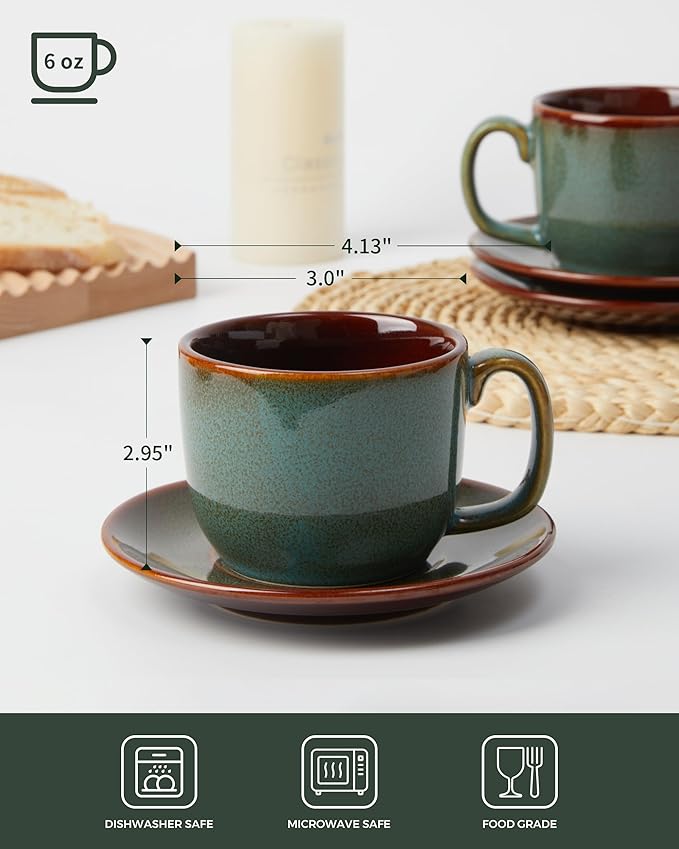 Stoneware Coffee Cups with Saucers, 6 Oz Cappuccino Cups Set of 4, Microwave & Dishwasher Safe, Perfect For Tea, Espresso, Latte, Ceramic Mugs for Kitchen or Cafe, Brown Green