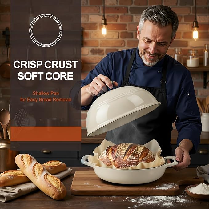 Overmont Enameled Cast Iron Bread Oven - 6QT Bread Dutch Oven for Sourdough Bread Baking - Bread Pot with Dome Lid Cotton Potholders & Cookbook - Multi-Functional Bread Pan For Baking Frying Roasting