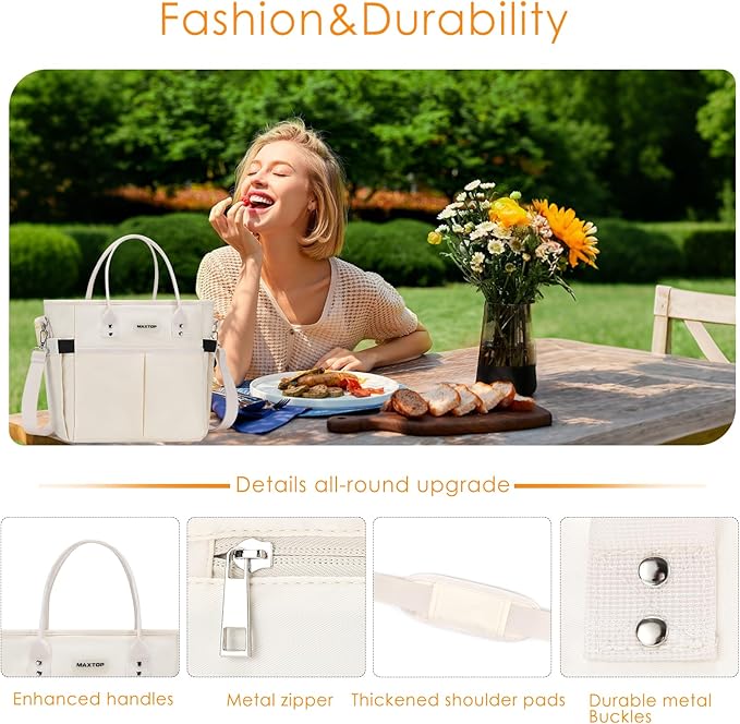 MAXTOP Lunch Bag Women for Work Insulated Thermal Lunch Box with Wide-Open Pocket Reusable Leakproof Cooler Bags with Removable Shoulder Strap for Teacher Nurse Office Picnic Travel XL-Beige