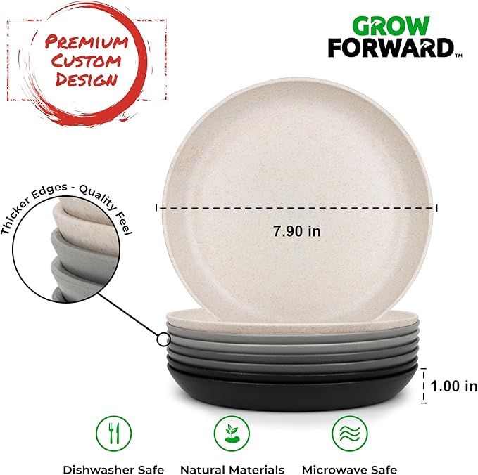 Grow Forward Premium Wheat Straw Plates - 8 Inch Reusable Hard Plastic Dinner Plates Set of 8 - Unbreakable Microwave Safe Plates for Dessert, Camping, RV, Outdoors, Patio, Kitchen Dishes - Moonlight