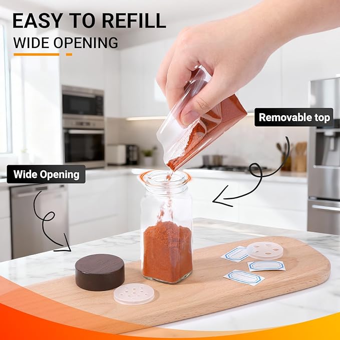 Segarty 4oz Spice Organizer Jar with Wood Lids, 6 Pack 120ml Empty Square Spices Condiments Shakers, Clear Glass Seasoning Containers Cereal Storage Set, Small Spice Bottle with 7 Stickers, 1 Brush