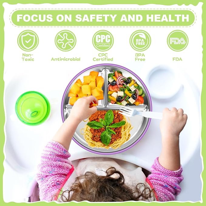 OVV Stainless Steel Kids Plates (2 Pack) – 9 Inch Toddler Divided Plates with ﻿Removable Silicone Sleeves & 5 Suction Cups Baby Self Feeding | Mess-Free Mealtime | Dishwasher Safe