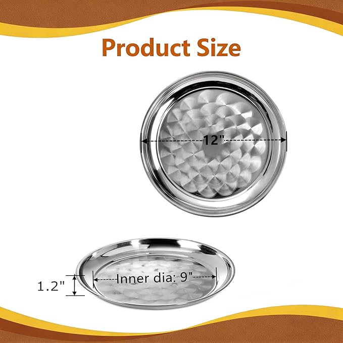 8 Pack Stainless Steel Round Serving Tray, 12 Inch Silver Oven Baking Tray, Dishwasher Safe Sturdy Metal Display Tray for Coffee Table, Bar, Party, Club, Home, Ottoman