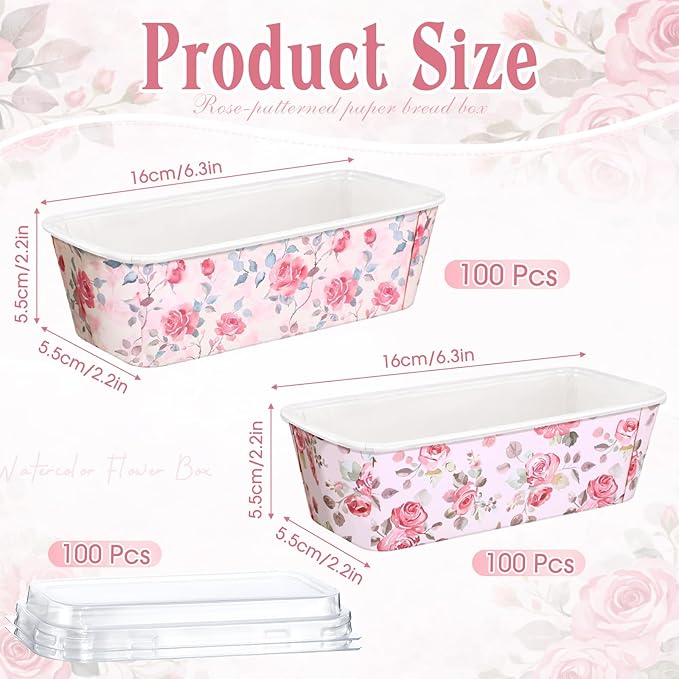 LemonRoad 100 Pcs Rose Mini Loaf Pans with Lids 6.3 x 2.2 x 2.2 Inch Floral Disposable Paper Baking Pan Bulk, Mothers Day Wedding Bridal Baby Shower Baking Party Supplies for Cake Bread Oven Bakery