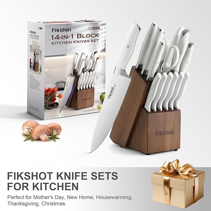 Knife Set 14-Piece Professional Chef Knives with Block and Sharpener, Elegant White Stainless Steel for Small Apartments, Modern Kitchens and Rental Homes, Dishwasher-Safe, Gift for Chefs