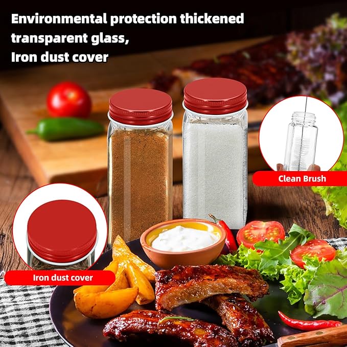 2Pcs 4oz Glass Spice Jars with Shaker Lids, Spice Jars Trial Set & Supplement Set, Empty Spice Containers and Square Spice Bottles for Kitchen (Red iron Lids)