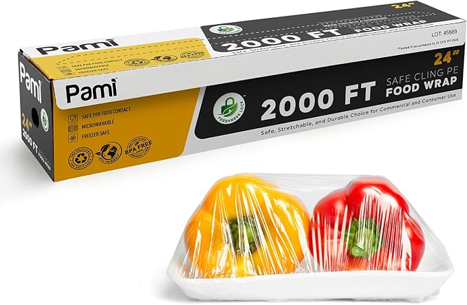 PAMI 24"X2000ft Clear Plastic Cling Wrap for Food, Bulk Commercial Food Wrap with Dispenser, Bpa-Free, Microwave & Freezer Safe