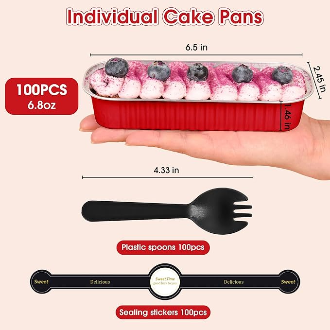 100 Pack Mini Cake Pans with Lids and Spoons,Disposable Aluminum Foil Cake Tins（6.8oz） Individual Small Cake Baking Containers for Party,Wedding,Birthday