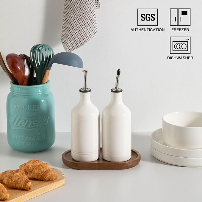 Sweejar Ceramic Olive Oil Dispenser Bottle Set, Opaque Oil Cruet Protects to Reduce Oxidation, Suitable For Storage Of Vinegar, Soy Sauce & Other Liquids,Pack of 2,15.5 Fl Oz（White）