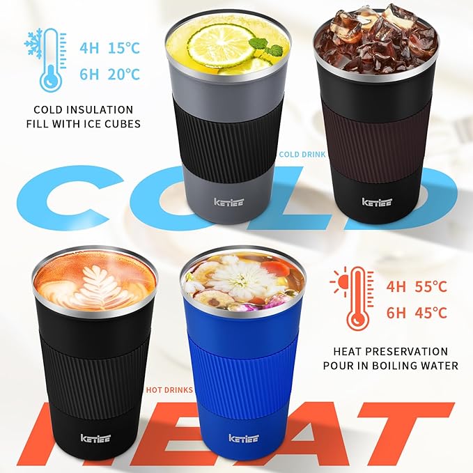 KETIEE Travel Coffee Mug 12oz: Insulated Travel Mug with Leakproof Lid, Reusable Coffee Cups with Seal Lid, Vacuum Stainless Steel Tumbler to Go for Hot/Ice Drinks (Blue)