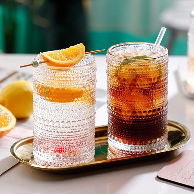 Hobnail Drinking Glasses set of 6（13 oz） Hobnail Water KItchen Glassware, Embossed Vintage Juice Glasses Tall Bar Drinkware