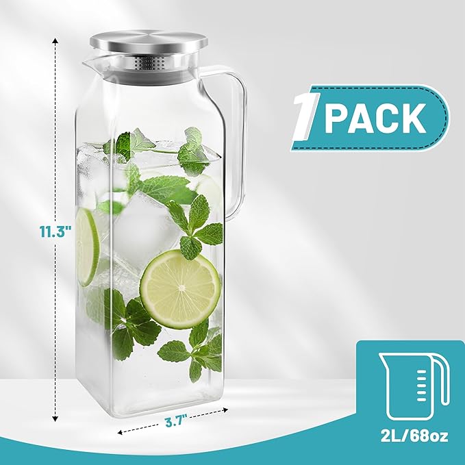 68 oz Borosilicate Square Glass Pitcher with Lid and Spout, Heat Resistant -4°F to 302°F, Lightweight Water Pitchers, Water Jugs, Glass Carafe with Handle, Ideal for Fridge Storage(1Pack)