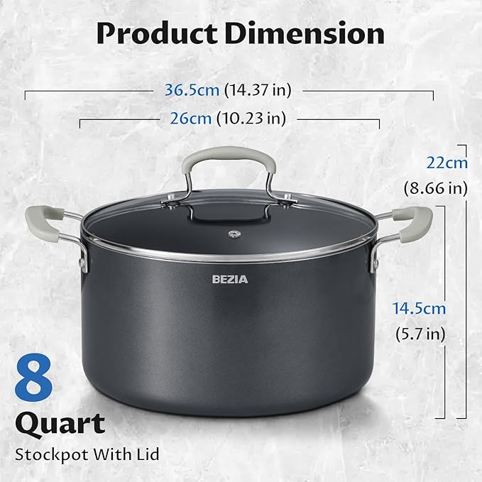 8 Quart Nonstick Stock Pot with Lid - BEZIA Ceramic Large Soup Pot for Family Cooking, Induction Ready, Stay-Cool Silicone Handles, Easy Cleanup, Perfect for Stews, Pasta & Batch Cooking