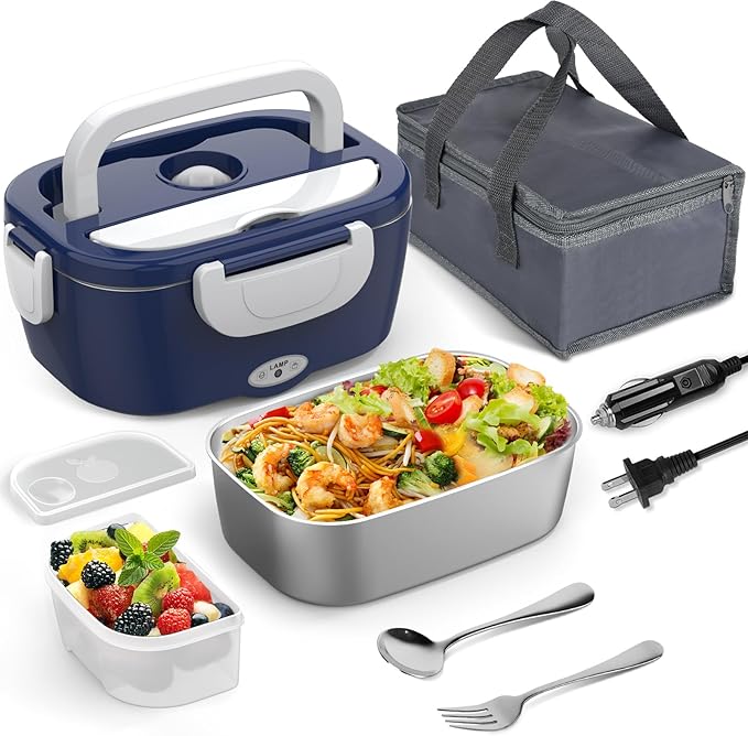 Electric Lunch Box for Men/Women 80W Heated Lunch Box for Adults, 12V 24V 110V 220V Portable Food Warmer LunchBox Lonchera Eléctrica Portátil with 304 Stainless Steel Container Christmas Gift