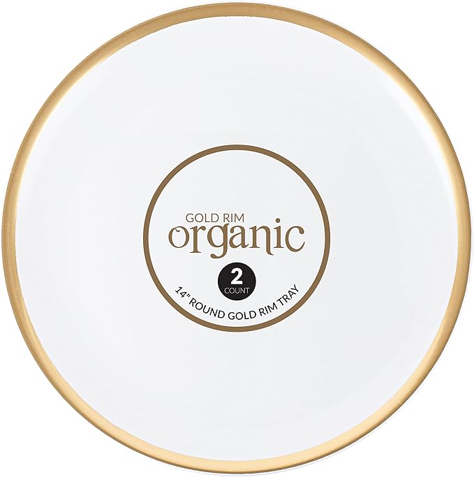 Plasticpro Plastic Serving Trays - Round Serving Platters with Gold Rim 14X14 Disposable Party DishPack of 4