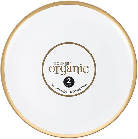 Plasticpro Plastic Serving Trays - Round Serving Platters with Gold Rim 14X14 Disposable Party DishPack of 4