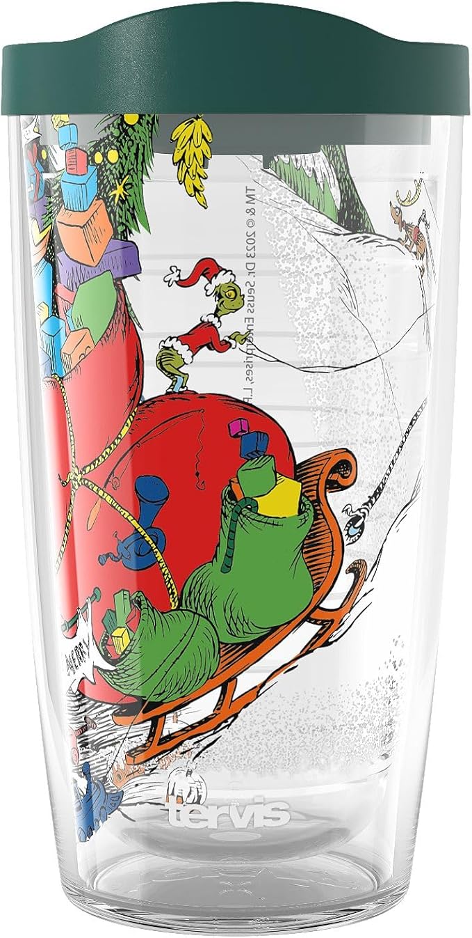Tervis Dr. Seuss Grinch All Packed Up Made in USA Double Walled Insulated Tumbler Travel Cup Keeps Drinks Cold & Hot, 16oz, Classic