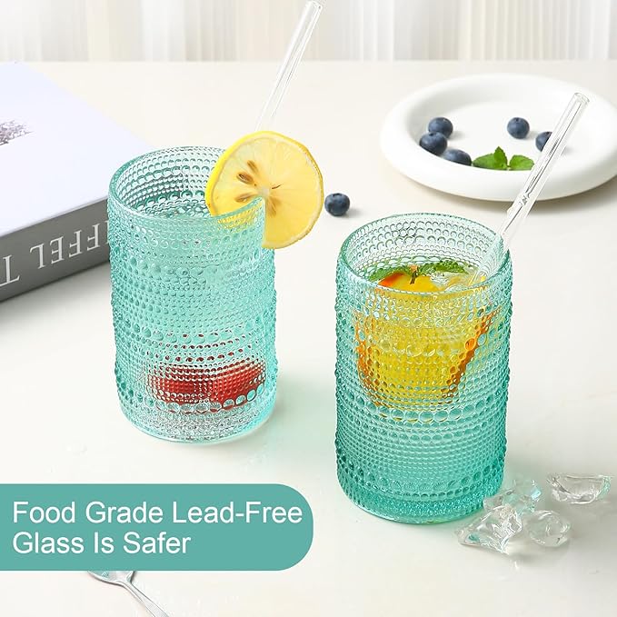 Vintage Glassware Drinking Glasses Set of 6,15 oz Hobnail Glass Cups,Embossed Lake Blue Water Tumbler,for Beer,Cocktail,Whiskey,Juice and Various Mixed Drinks- 1 Cleaning Brush