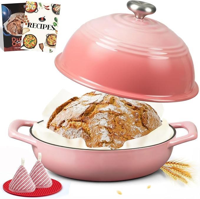 Overmont Enameled Cast Iron Bread Oven - 6QT Bread Dutch Oven for Sourdough Bread Baking - Bread Pot with Dome Lid Cotton Potholders & Cookbook - Multi-Functional Bread Pan For Baking Frying Roasting