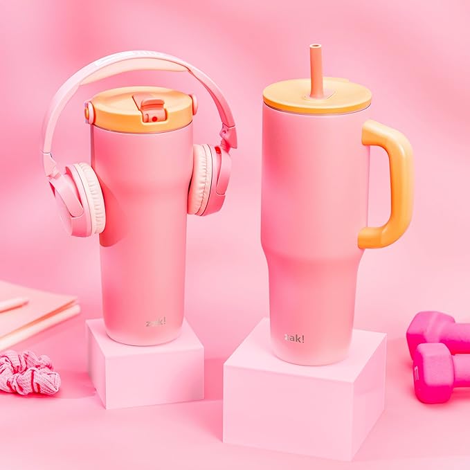 Zak Designs Sutton Travel Tumbler for On the Go, 40oz Stainless Steel with Vacuum Insulation, Silicone Straw, and Carry Handle for Cold Drinks (So Sweet Pink)