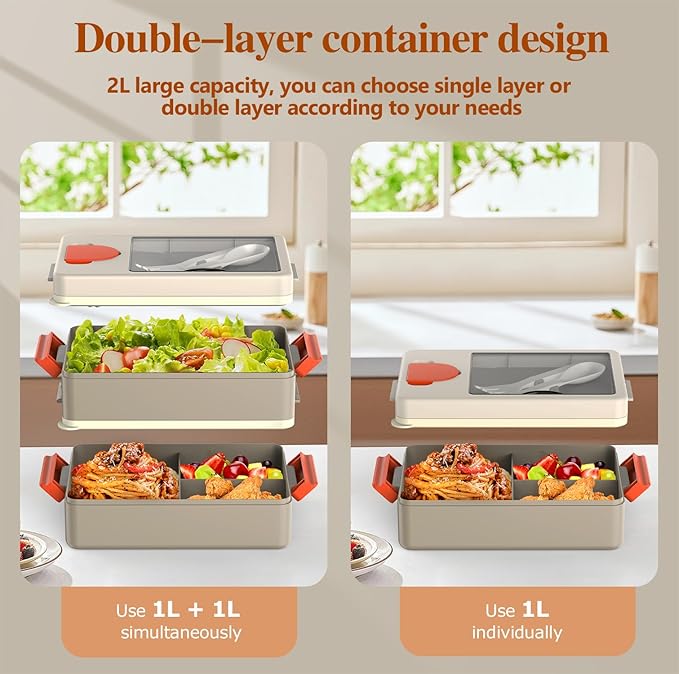 Adult Lunch Box – Bento Box & Lunch Containers for Adults, Stackable, Leakproof, Microwave Safe, Portable Lunchbox for Work, Travel, Meal Prep, Durable & Easy to Carry (Khaki)
