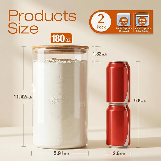 Large Glass Flour and Sugar Containers 180oz x2 [Set of 2], Glass Food Storage Containers with Bamboo Lids, Glass Jar with Airtight Lids for Spaghetti Pasta,Rice,Cereal,Candy,Coffee, Oat
