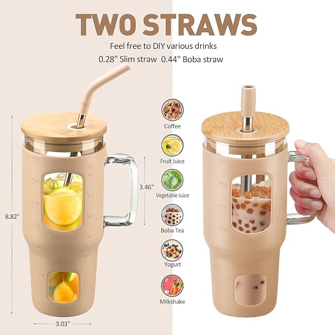 Glass Tumbler with Lid, 32 oz Glass Cup with Handle, Glass Water Bottles with Time Marker, 2 Straws - Pearl Straw & Silicone Protective Sleeve - Amber