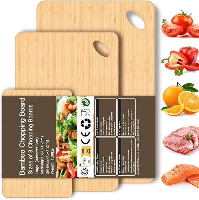 Wood Cutting Boards for Kitchen, Cutting Board Set of 3 Chopping Board for Meat/Vegetables/Cheese Knife Friendly Serving Tray with Holes