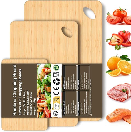 Wood Cutting Boards for Kitchen, Cutting Board Set of 3 Chopping Board for Meat/Vegetables/Cheese Knife Friendly Serving Tray with Holes