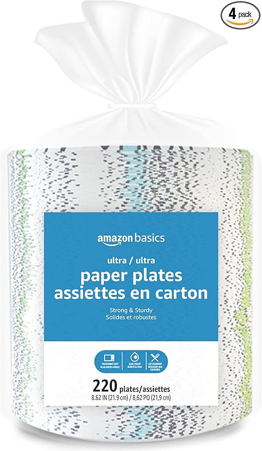 Amazon Basics Ultra Disposable Paper Plates, 8.62 Inch, Microwave-Safe, Soak-Proof, Cut Resistant, 880 Count (4-Pack of 220)
